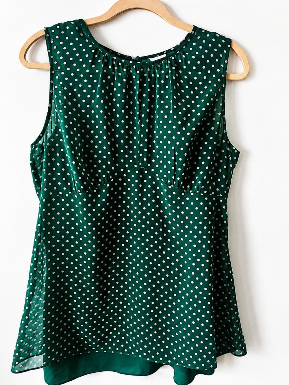 CAbi Green and Pink Polka Dot blouse w/ solid green shell